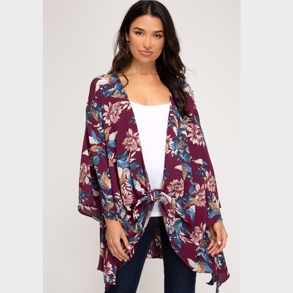 She & Sky Floral Wine Kimono